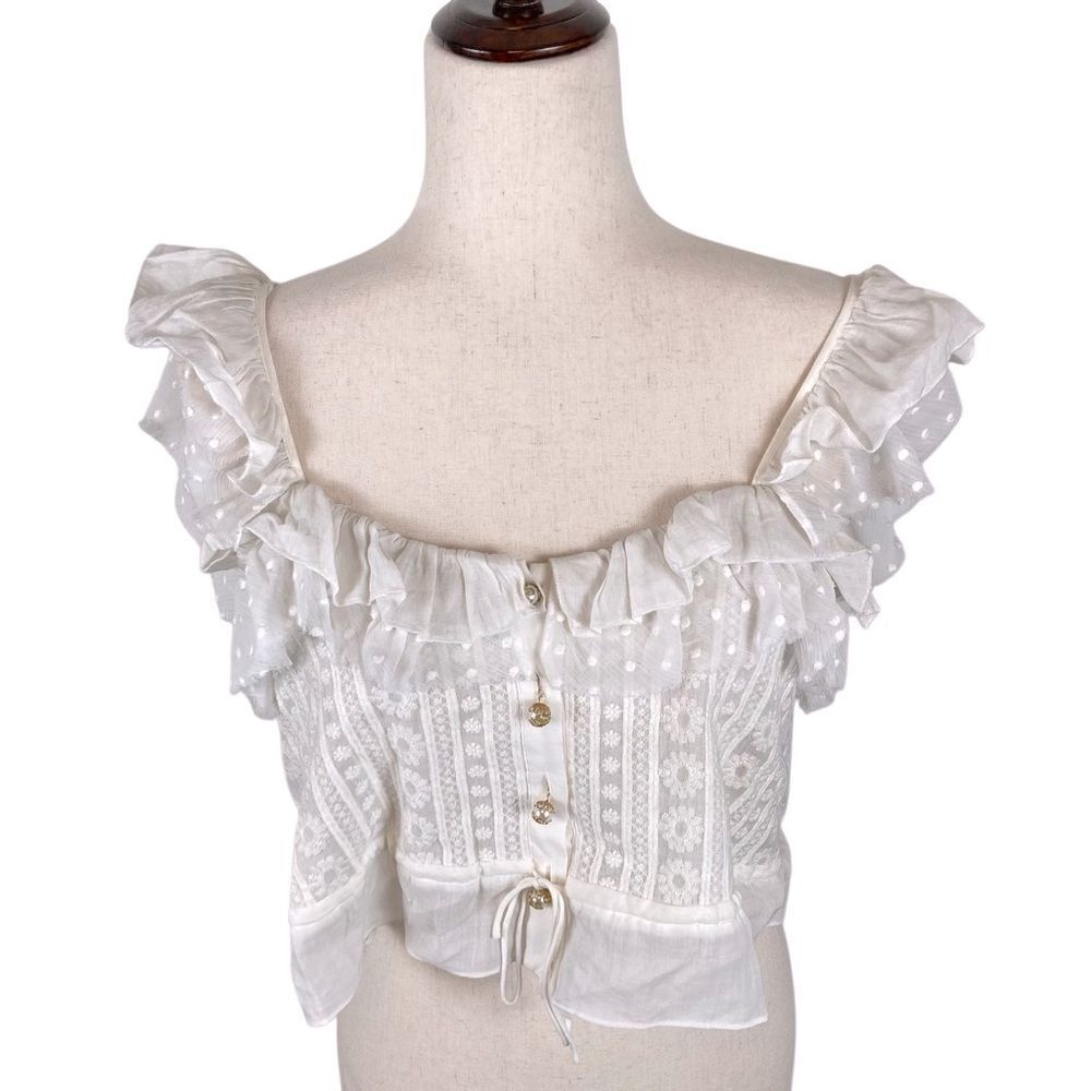 The Kooples women’s 2 white floral &  dot embroidered ruffle sleeve crop‎ top